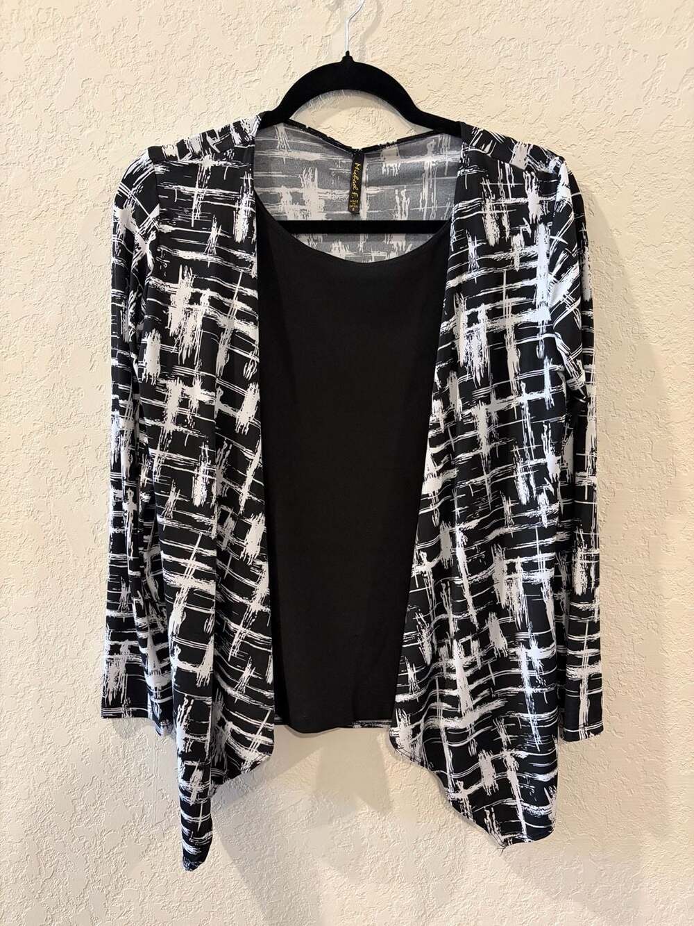 Michael F. Black and White Abstract Print Open Front Cardigan with Attached Tank